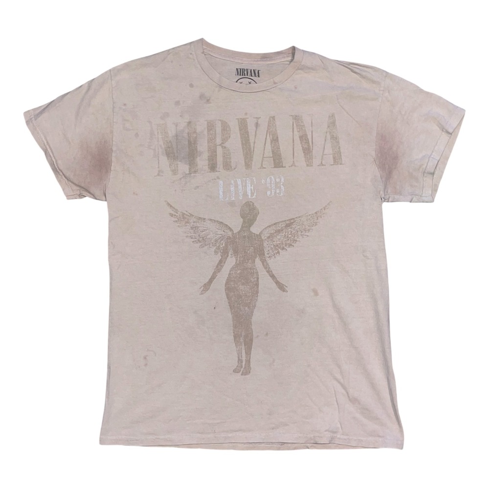 Nirvana Live 93 In Utero Tour Graphic T-Shirt Mens M Tan Distressed Band Tee